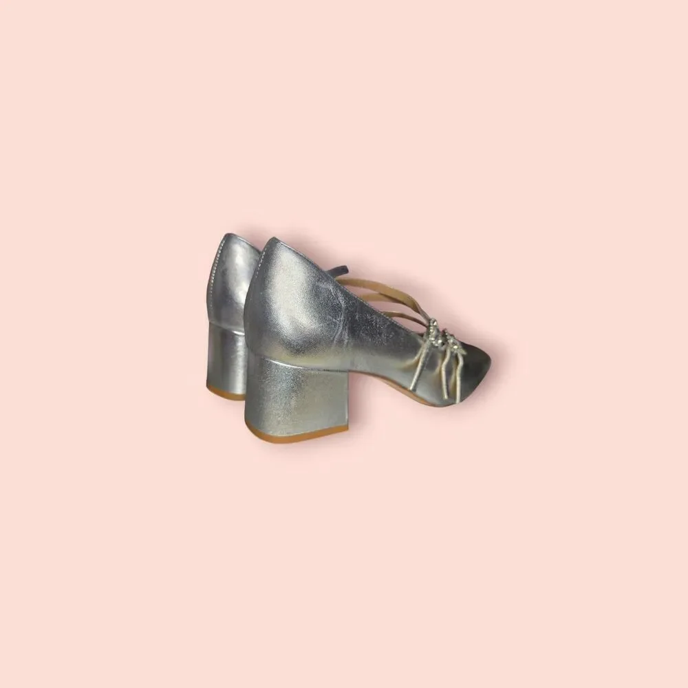 Reformation Mimi Buckle Pump Silver Rhinestone Block Heel Pumps Metallic 8.5 - Picture 2 of 4